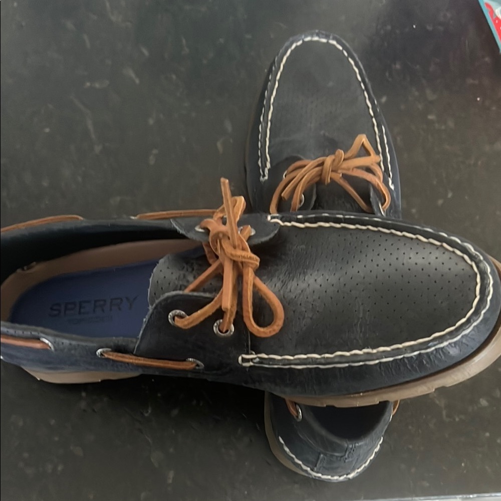 Sperry Navy Boat Shoes with Brown Leather Laces